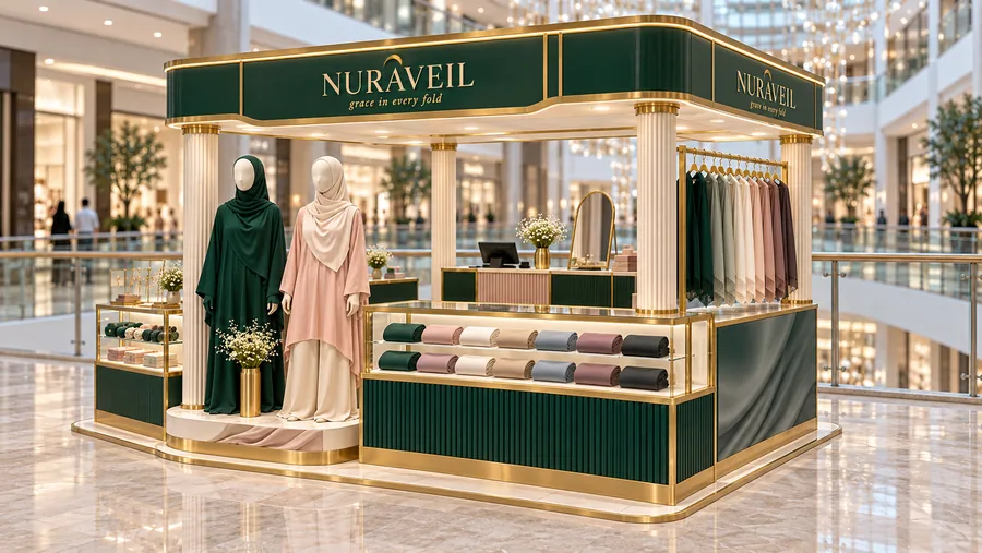 NURAVEIL crowned kiosk in front of a balcony — right three-quarter view, modest fashion (AI-assisted 3D visualisation)