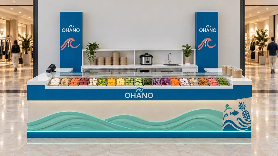 OHANO counter-type kiosk in front of a wall — front view, build-your-own poke bowls with rice (AI-assisted 3D visualisation)