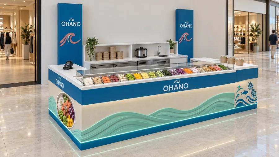 OHANO counter-type kiosk in front of a wall — left three-quarter view, build-your-own poke bowls with rice (AI-assisted 3D visualisation)