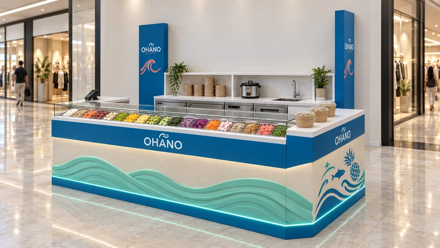 OHANO counter-type kiosk in front of a wall — right three-quarter view, build-your-own poke bowls with rice (AI-assisted 3D visualisation)