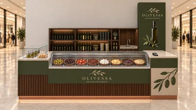 OLIVESSA — كشك بطاولة أمام جدار (تصور ثلاثي الأبعاد بمساعدة الذكاء الاصطناعي)