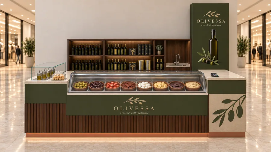 OLIVESSA counter-type kiosk in front of a wall — front view, extra-virgin olive oil (AI-assisted 3D visualisation)