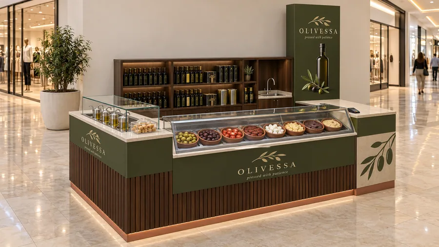 OLIVESSA counter-type kiosk in front of a wall — left three-quarter view, extra-virgin olive oil (AI-assisted 3D visualisation)