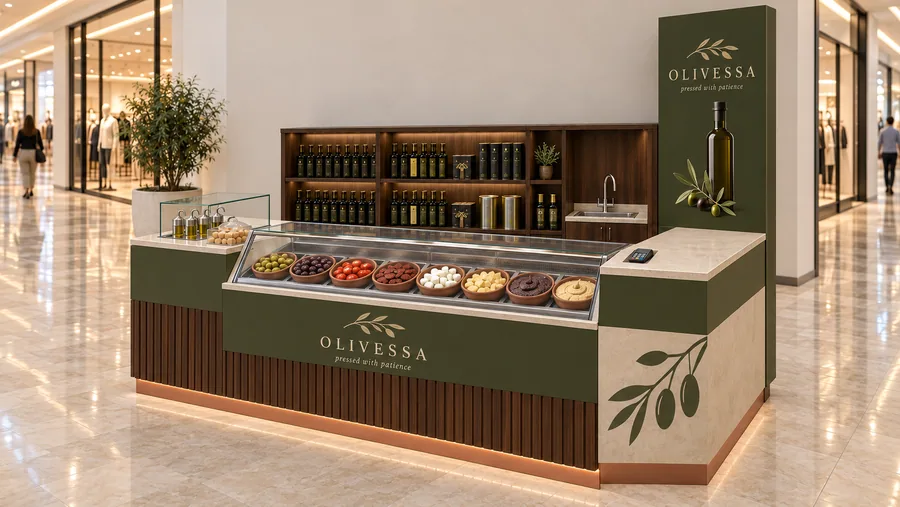 OLIVESSA counter-type kiosk in front of a wall — right three-quarter view, extra-virgin olive oil (AI-assisted 3D visualisation)