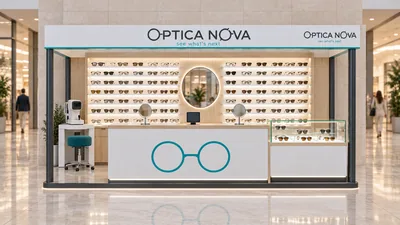 OPTICA NOVA — كشك متوّج أمام جدار (تصور ثلاثي الأبعاد بمساعدة الذكاء الاصطناعي)