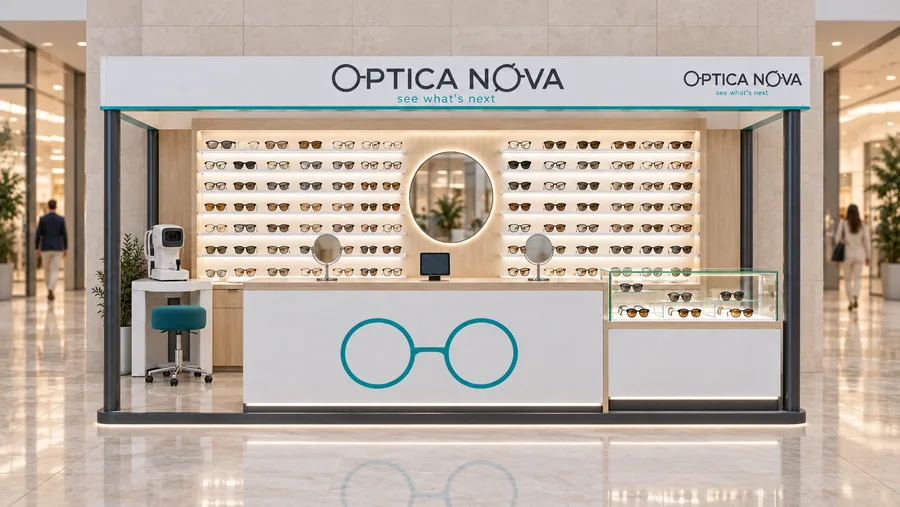 OPTICA NOVA crowned kiosk in front of a wall — front view, sunglasses and optical frames (AI-assisted 3D visualisation)