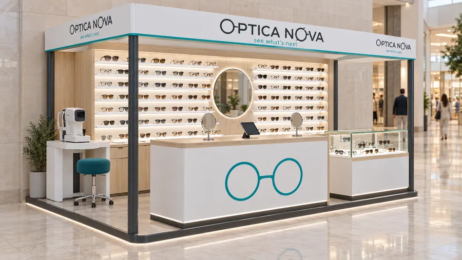 OPTICA NOVA crowned kiosk in front of a wall — left three-quarter view, sunglasses and optical frames (AI-assisted 3D visualisation)