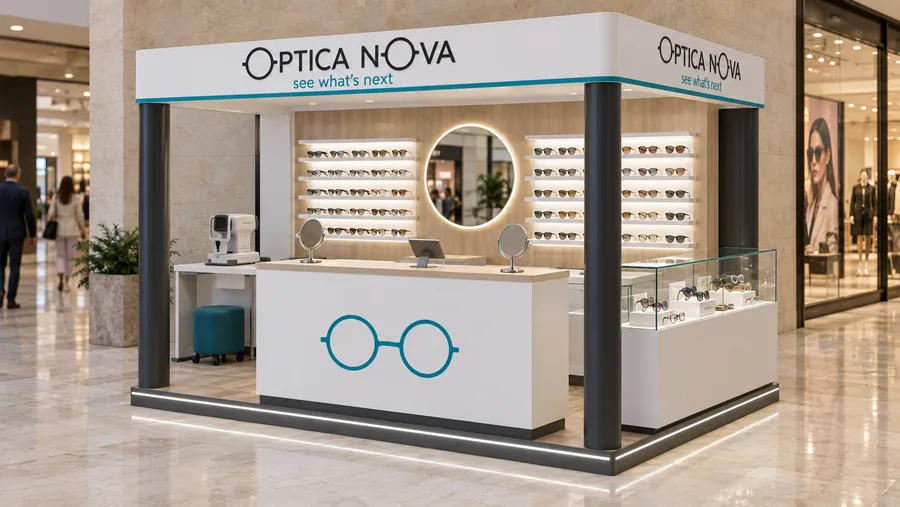 OPTICA NOVA crowned kiosk in front of a wall — right three-quarter view, sunglasses and optical frames (AI-assisted 3D visualisation)