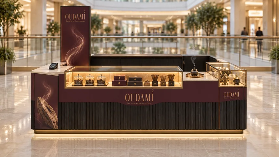 OUDAMI counter-type kiosk in front of a balcony — front view, oud wood chips (AI-assisted 3D visualisation)