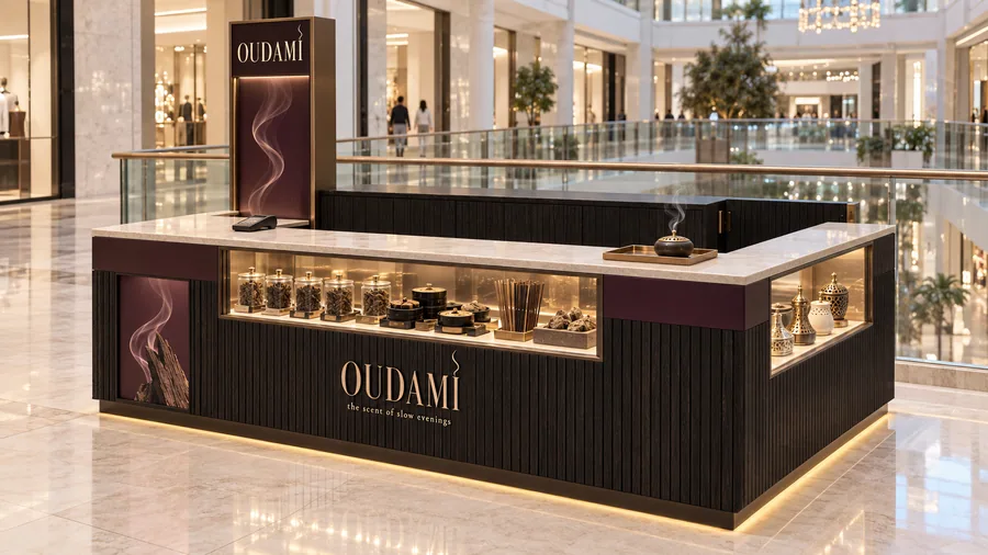 OUDAMI counter-type kiosk in front of a balcony — right three-quarter view, oud wood chips (AI-assisted 3D visualisation)