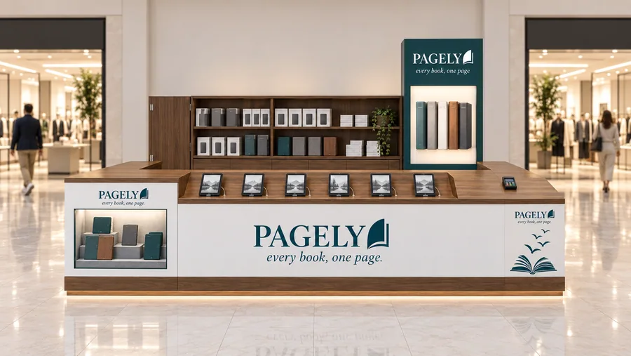 PAGELY counter-type kiosk in front of a wall — front view, e-readers (AI-assisted 3D visualisation)
