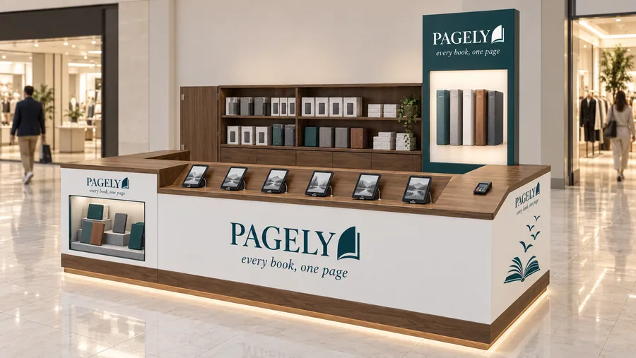 PAGELY counter-type kiosk in front of a wall — left three-quarter view, e-readers (AI-assisted 3D visualisation)