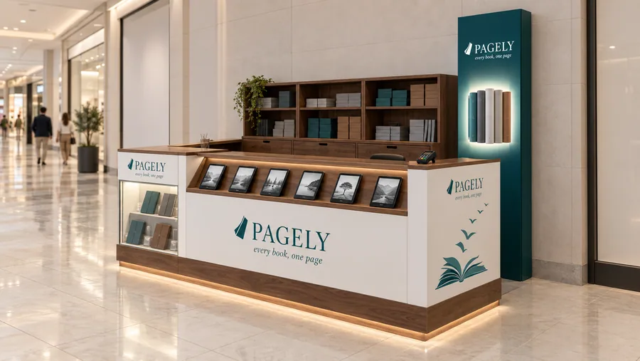 PAGELY counter-type kiosk in front of a wall — right three-quarter view, e-readers (AI-assisted 3D visualisation)