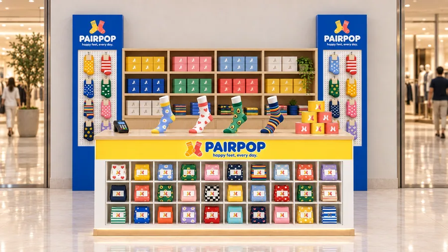 PAIRPOP counter-type kiosk in front of a wall — front view, patterned socks (AI-assisted 3D visualisation)