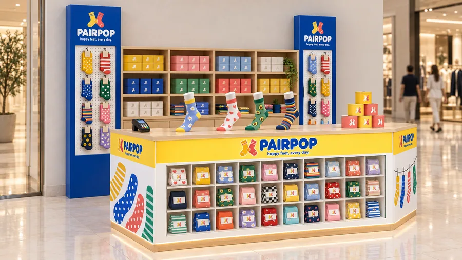 PAIRPOP counter-type kiosk in front of a wall — left three-quarter view, patterned socks (AI-assisted 3D visualisation)