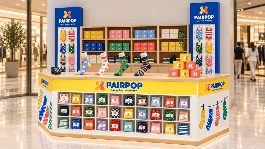 PAIRPOP counter-type kiosk in front of a wall — right three-quarter view, patterned socks (AI-assisted 3D visualisation)