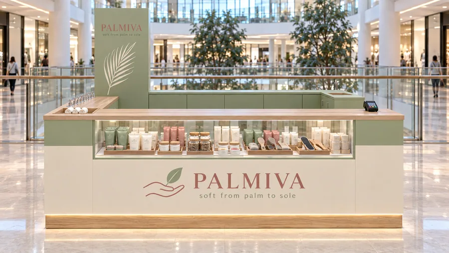 PALMIVA counter-type kiosk in front of a balcony — front view, hand and foot care (AI-assisted 3D visualisation)