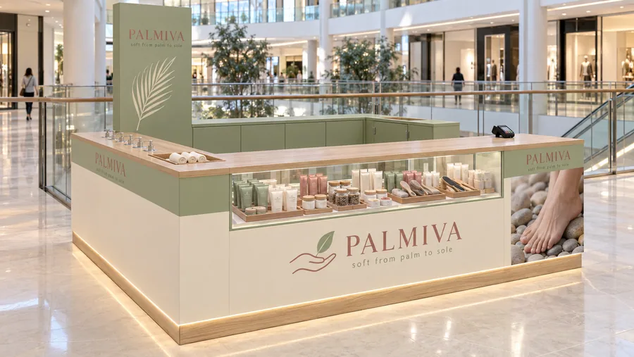 PALMIVA counter-type kiosk in front of a balcony — left three-quarter view, hand and foot care (AI-assisted 3D visualisation)