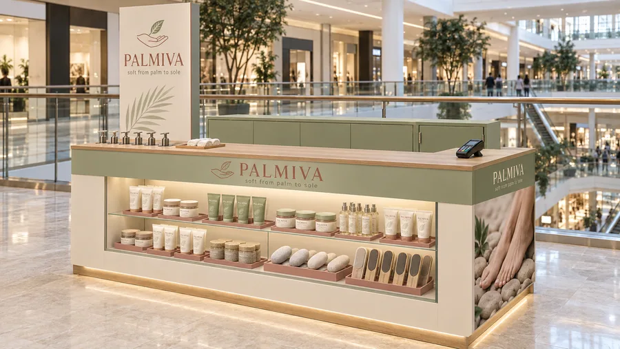 PALMIVA counter-type kiosk in front of a balcony — right three-quarter view, hand and foot care (AI-assisted 3D visualisation)