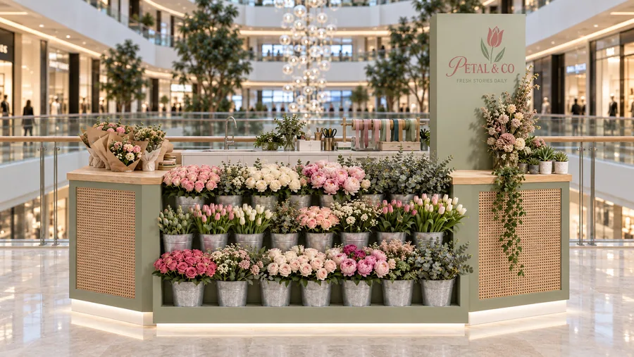 PETAL & CO counter-type kiosk in front of a balcony — front view, florist (AI-assisted 3D visualisation)