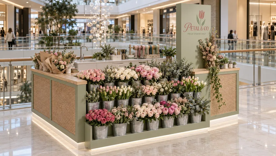 PETAL & CO counter-type kiosk in front of a balcony — left three-quarter view, florist (AI-assisted 3D visualisation)