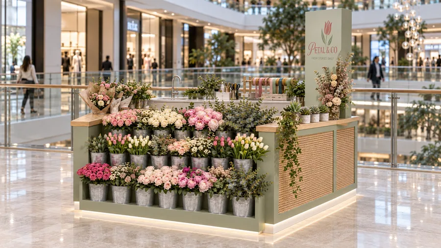 PETAL & CO counter-type kiosk in front of a balcony — right three-quarter view, florist (AI-assisted 3D visualisation)