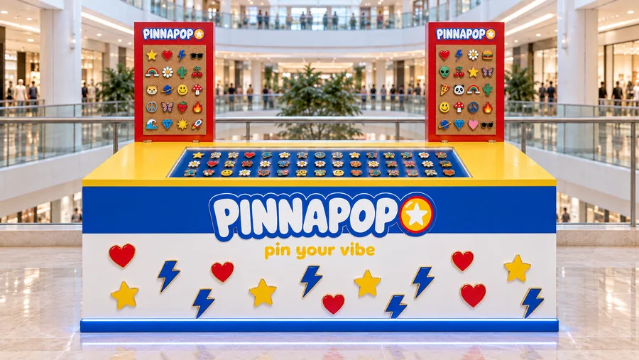 PINNAPOP counter-type kiosk in front of a balcony — front view, enamel pins (AI-assisted 3D visualisation)