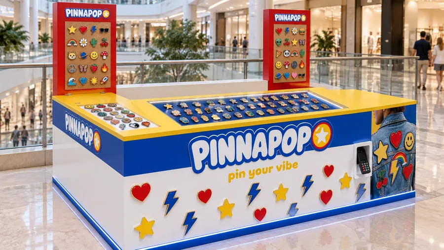 PINNAPOP counter-type kiosk in front of a balcony — left three-quarter view, enamel pins (AI-assisted 3D visualisation)