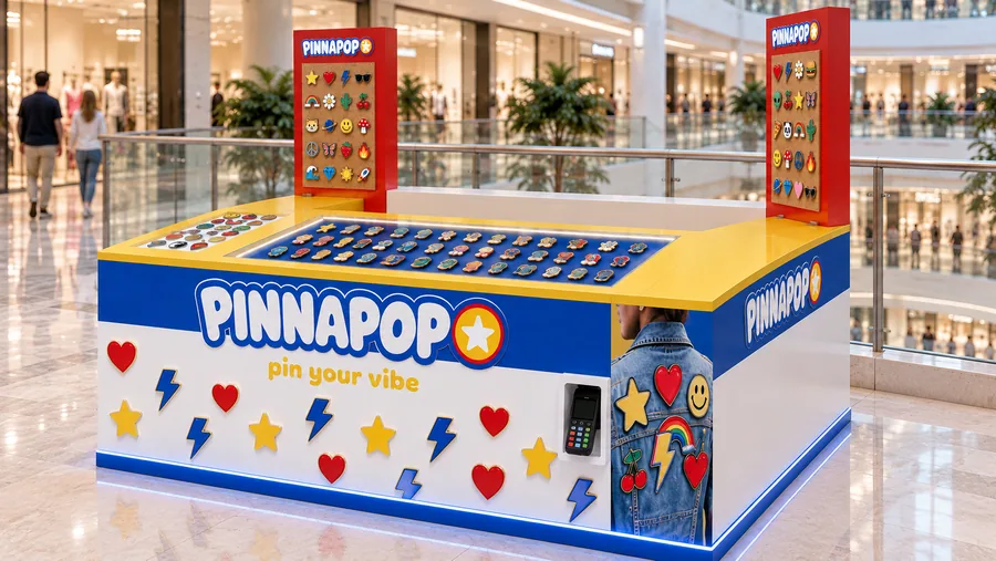 PINNAPOP counter-type kiosk in front of a balcony — right three-quarter view, enamel pins (AI-assisted 3D visualisation)