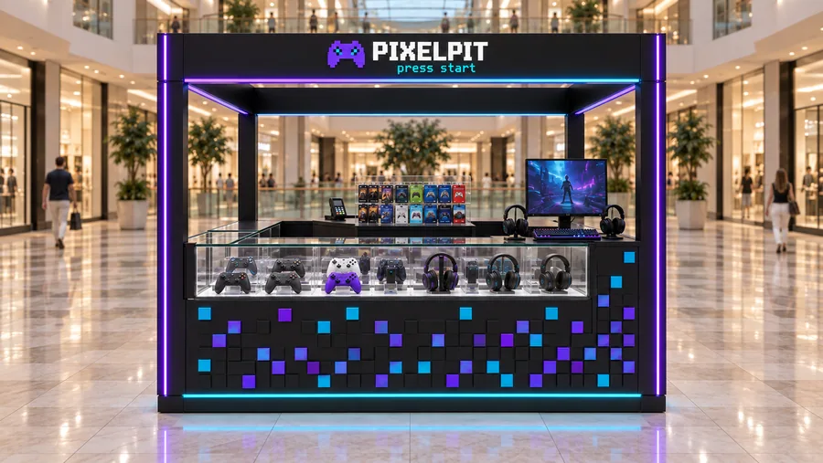 PIXELPIT crowned island kiosk — front view, gaming accessories (AI-assisted 3D visualisation)