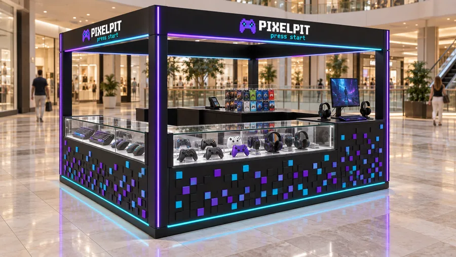 PIXELPIT crowned island kiosk — left three-quarter view, gaming accessories (AI-assisted 3D visualisation)