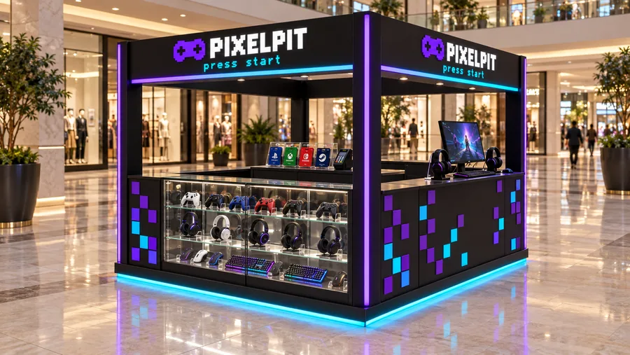 PIXELPIT crowned island kiosk — right three-quarter view, gaming accessories (AI-assisted 3D visualisation)