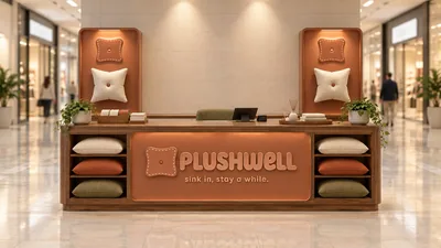 PLUSHWELL — كشك بطاولة أمام جدار (تصور ثلاثي الأبعاد بمساعدة الذكاء الاصطناعي)