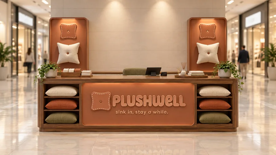 PLUSHWELL counter-type kiosk in front of a wall — front view, decorative cushions (AI-assisted 3D visualisation)