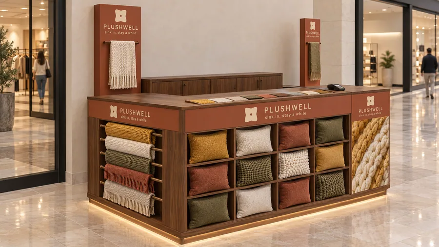 PLUSHWELL counter-type kiosk in front of a wall — left three-quarter view, decorative cushions (AI-assisted 3D visualisation)