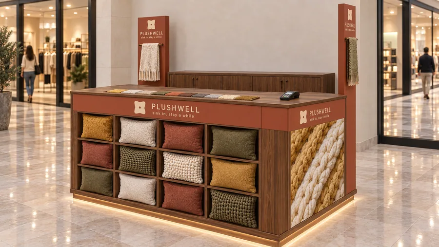 PLUSHWELL counter-type kiosk in front of a wall — right three-quarter view, decorative cushions (AI-assisted 3D visualisation)