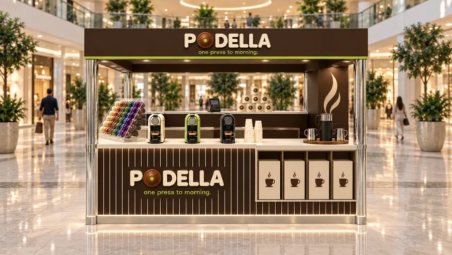 PODELLA crowned island kiosk — front view, home capsule coffee machines (AI-assisted 3D visualisation)