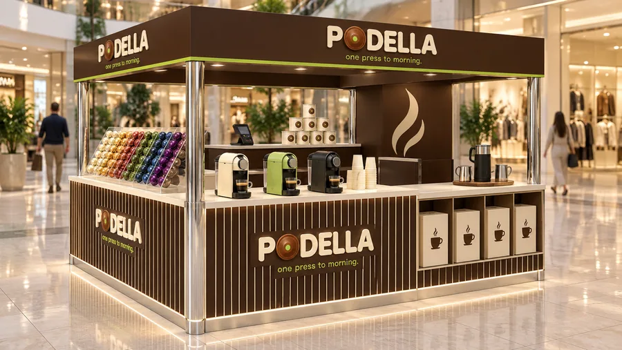 PODELLA crowned island kiosk — left three-quarter view, home capsule coffee machines (AI-assisted 3D visualisation)
