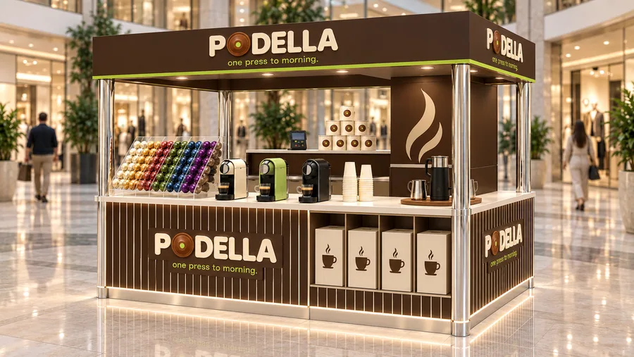 PODELLA crowned island kiosk — right three-quarter view, home capsule coffee machines (AI-assisted 3D visualisation)