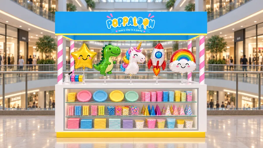 POPPALOON crowned kiosk in front of a balcony — front view, children's foil character balloons filled on the spot (AI-assisted 3D visualisation)