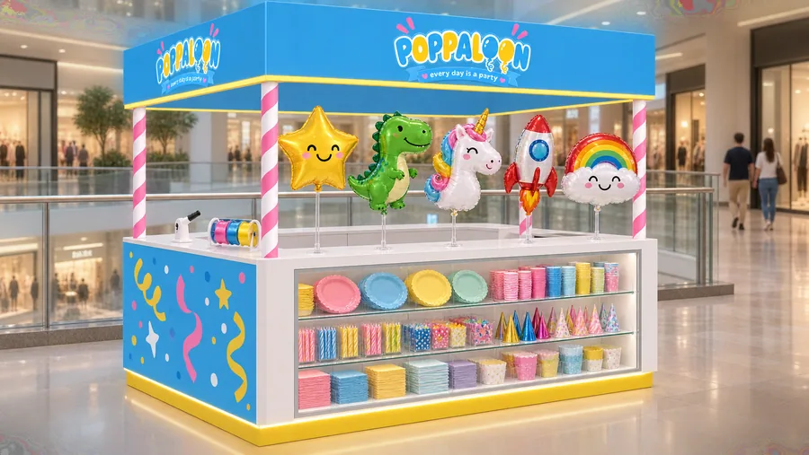 POPPALOON crowned kiosk in front of a balcony — left three-quarter view, children's foil character balloons filled on the spot (AI-assisted 3D visualisation)