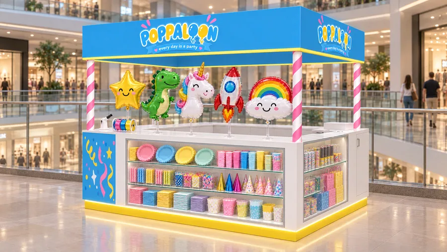 POPPALOON crowned kiosk in front of a balcony — right three-quarter view, children's foil character balloons filled on the spot (AI-assisted 3D visualisation)