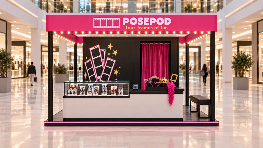 POSEPOD crowned island kiosk — front view, self-service photo booth with instant photo strips (AI-assisted 3D visualisation)