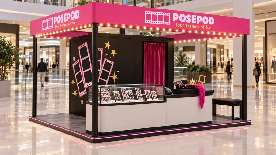 POSEPOD crowned island kiosk — left three-quarter view, self-service photo booth with instant photo strips (AI-assisted 3D visualisation)