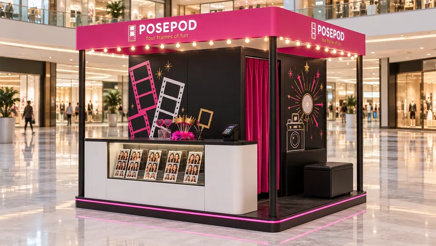 POSEPOD crowned island kiosk — right three-quarter view, self-service photo booth with instant photo strips (AI-assisted 3D visualisation)