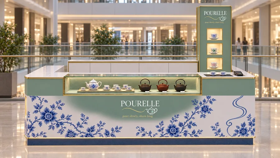 POURELLE counter-type kiosk in front of a balcony — front view, porcelain tea sets (AI-assisted 3D visualisation)