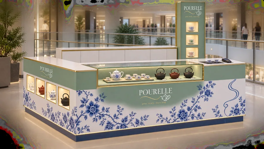 POURELLE counter-type kiosk in front of a balcony — left three-quarter view, porcelain tea sets (AI-assisted 3D visualisation)