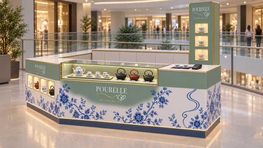 POURELLE counter-type kiosk in front of a balcony — right three-quarter view, porcelain tea sets (AI-assisted 3D visualisation)
