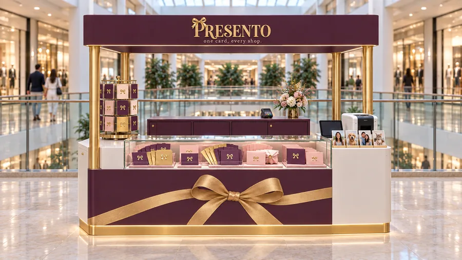 PRESENTO crowned kiosk in front of a balcony — front view, gift-card desk (AI-assisted 3D visualisation)