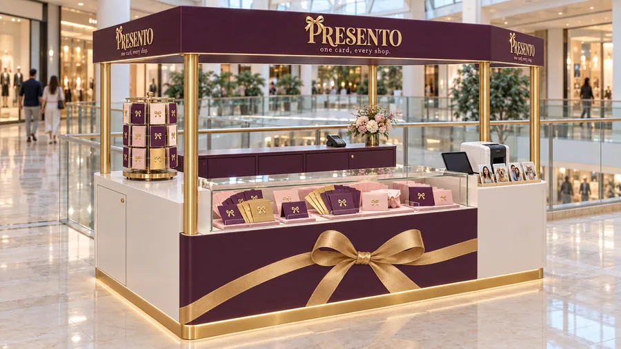 PRESENTO crowned kiosk in front of a balcony — left three-quarter view, gift-card desk (AI-assisted 3D visualisation)